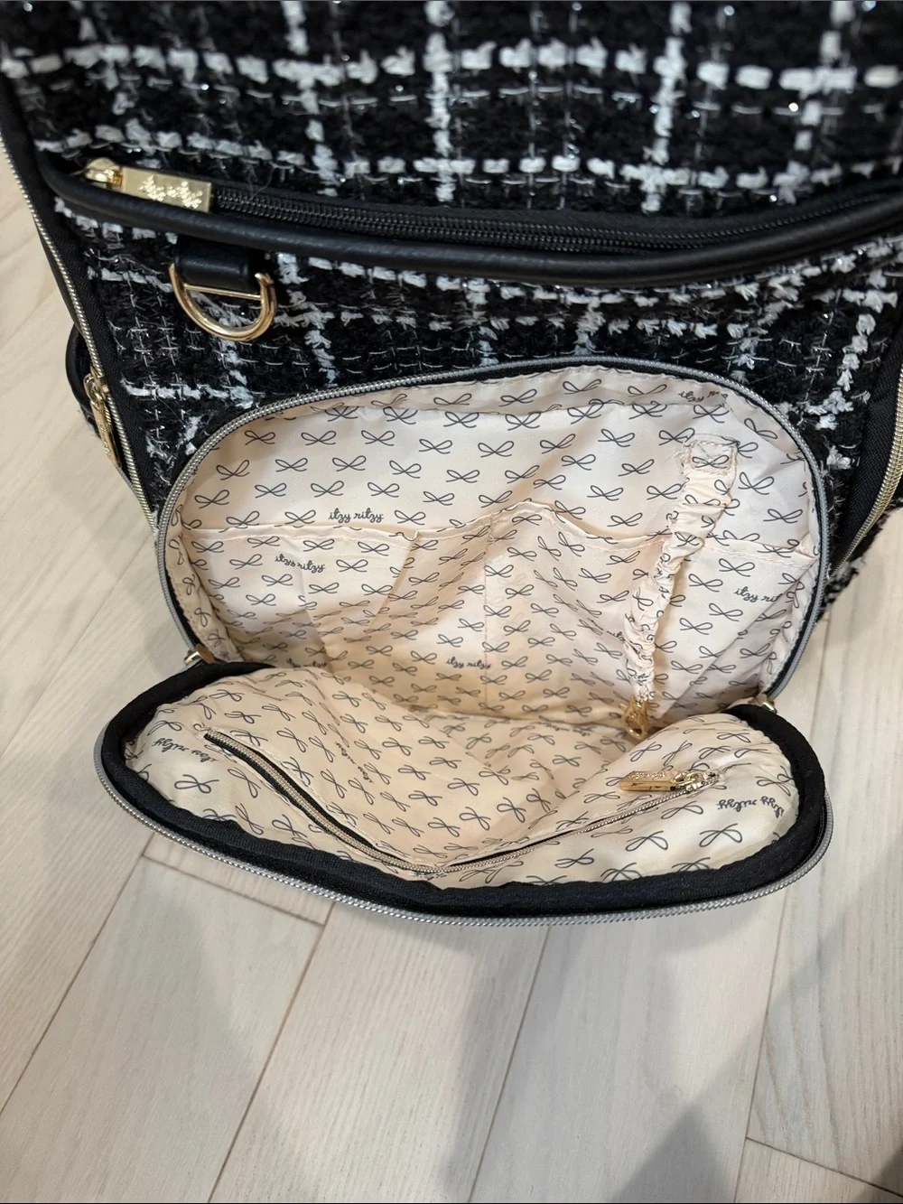 Itzy Ritzy Black & White Tweed Diaper Backpack with Gold Hardware